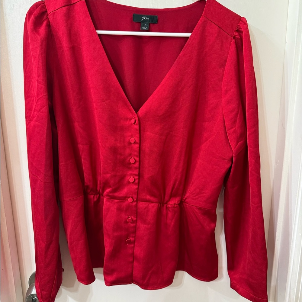 J. Crew Red V-Neck Peplum Blouse